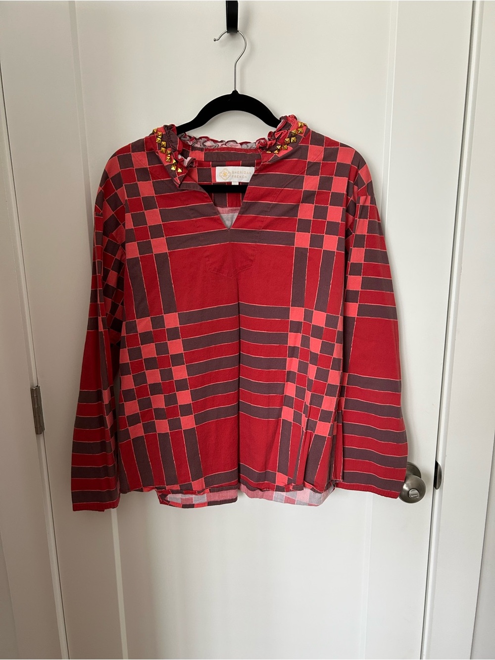 Sheridan French Women's Red Check Plaid Long-Sleeve Top with Ruffle Neck